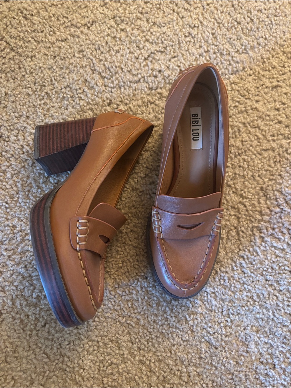 Bibi Lou Women's Tan Leather Block Heel Loafers 37